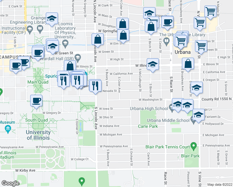 map of restaurants, bars, coffee shops, grocery stores, and more near 703 West Washington Street in Urbana