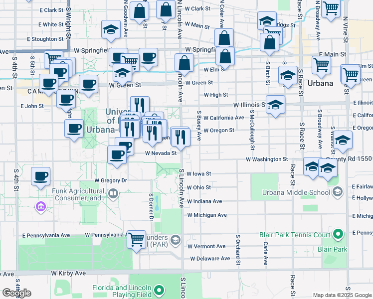 map of restaurants, bars, coffee shops, grocery stores, and more near 807 South Lincoln Avenue in Urbana