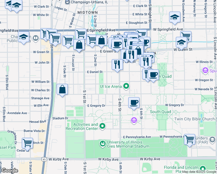 map of restaurants, bars, coffee shops, grocery stores, and more near 306 East Armory Avenue in Champaign