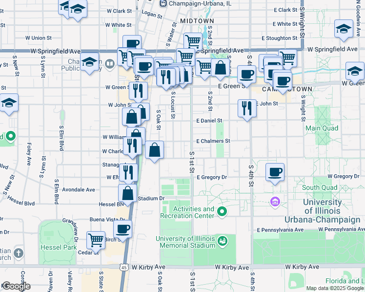 map of restaurants, bars, coffee shops, grocery stores, and more near 1013 South 1st Street in Champaign
