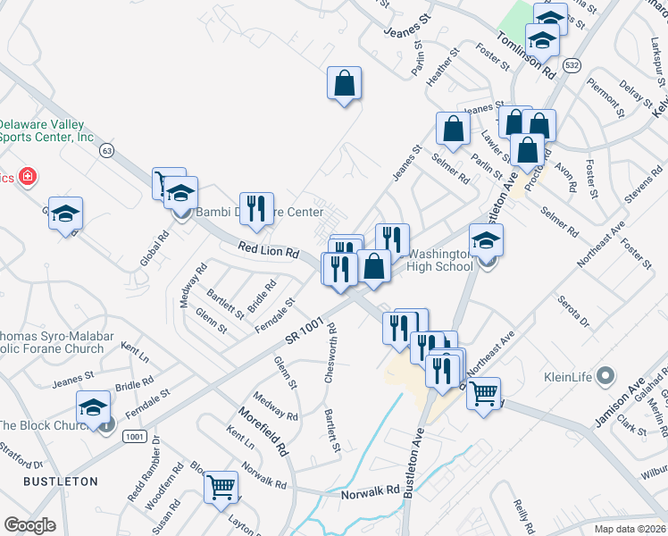 map of restaurants, bars, coffee shops, grocery stores, and more near 717 Red Lion Road in Philadelphia