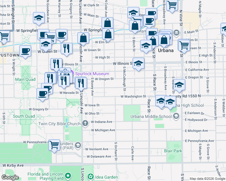 map of restaurants, bars, coffee shops, grocery stores, and more near 605 West Washington Street in Urbana