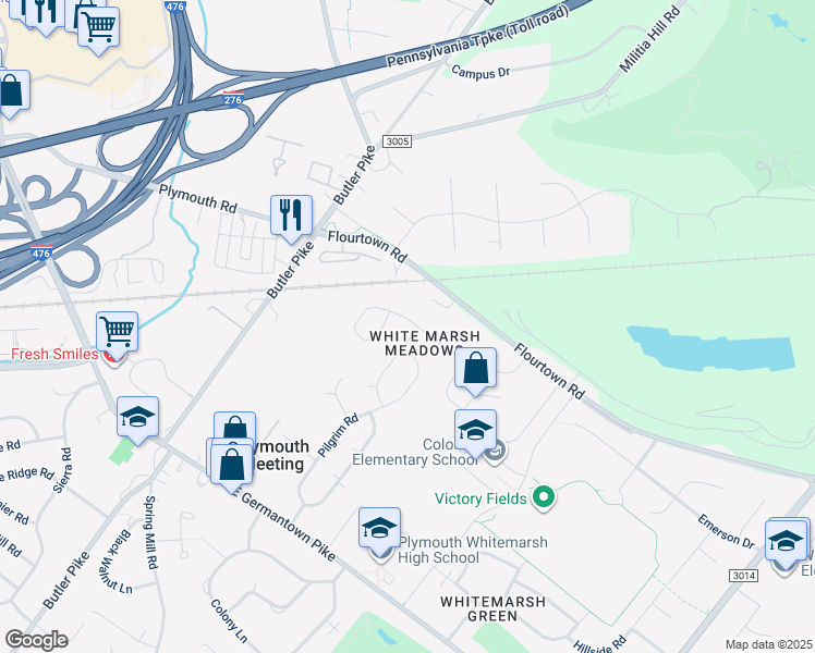 map of restaurants, bars, coffee shops, grocery stores, and more near 104 Woodbine Way in Plymouth Meeting