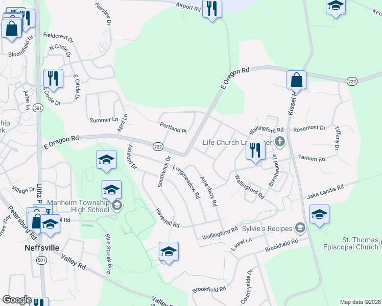 map of restaurants, bars, coffee shops, grocery stores, and more near 407 Amesbury Road in Lancaster