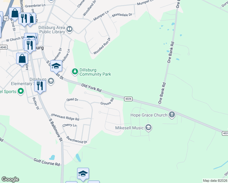 map of restaurants, bars, coffee shops, grocery stores, and more near 54 Old York Road in Dillsburg
