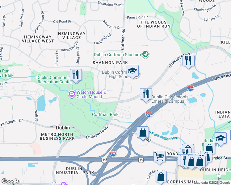 map of restaurants, bars, coffee shops, grocery stores, and more near 5299 Shannon Park Drive in Dublin