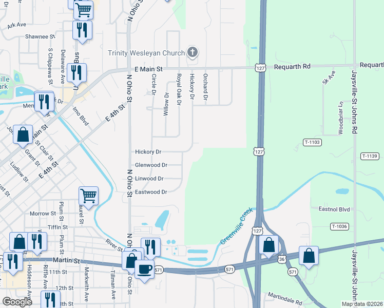 map of restaurants, bars, coffee shops, grocery stores, and more near 139 Eastwood Drive in Greenville