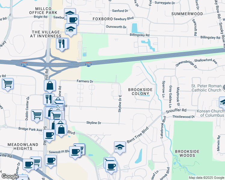 map of restaurants, bars, coffee shops, grocery stores, and more near 7331 Skyline Drive East in Columbus