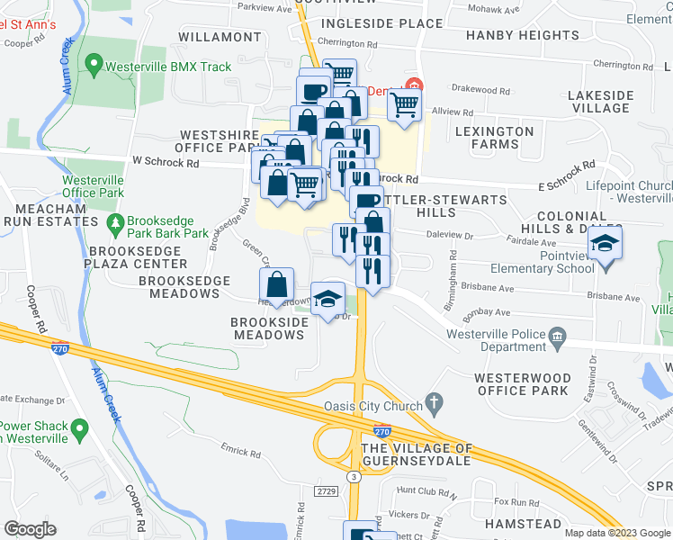 map of restaurants, bars, coffee shops, grocery stores, and more near 27 King Arthur Boulevard in Westerville