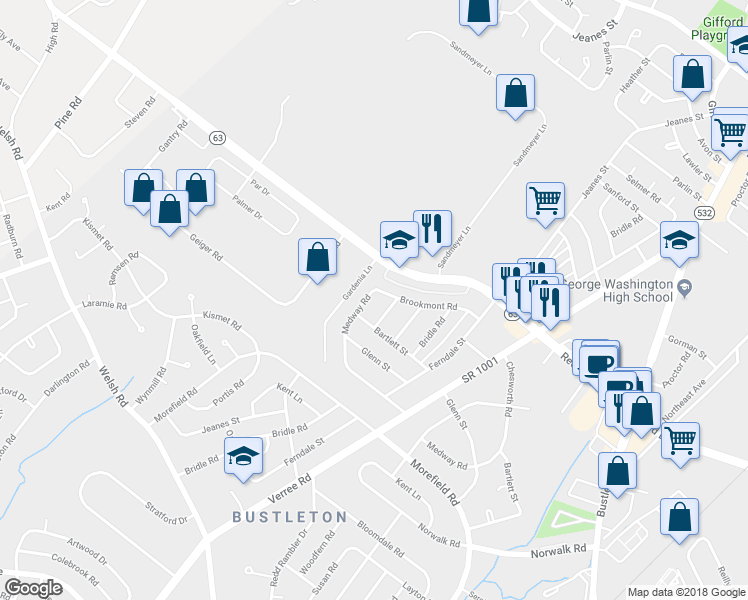 map of restaurants, bars, coffee shops, grocery stores, and more near 9949 Medway Road in Philadelphia