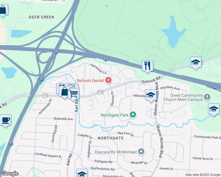 map of restaurants, bars, coffee shops, grocery stores, and more near Schrock Rd & Skywae Dr in Columbus