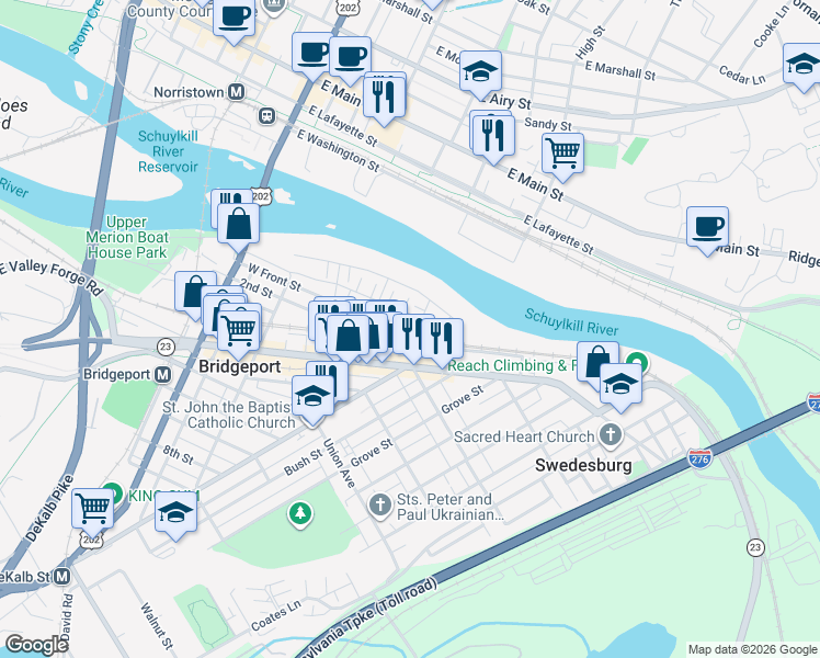 map of restaurants, bars, coffee shops, grocery stores, and more near in Bridgeport