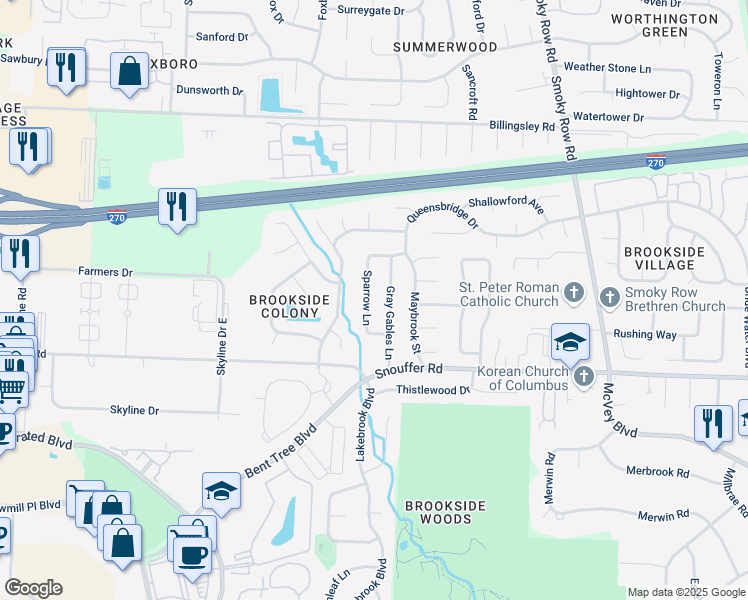 map of restaurants, bars, coffee shops, grocery stores, and more near 6855 Sparrow Lane in Columbus