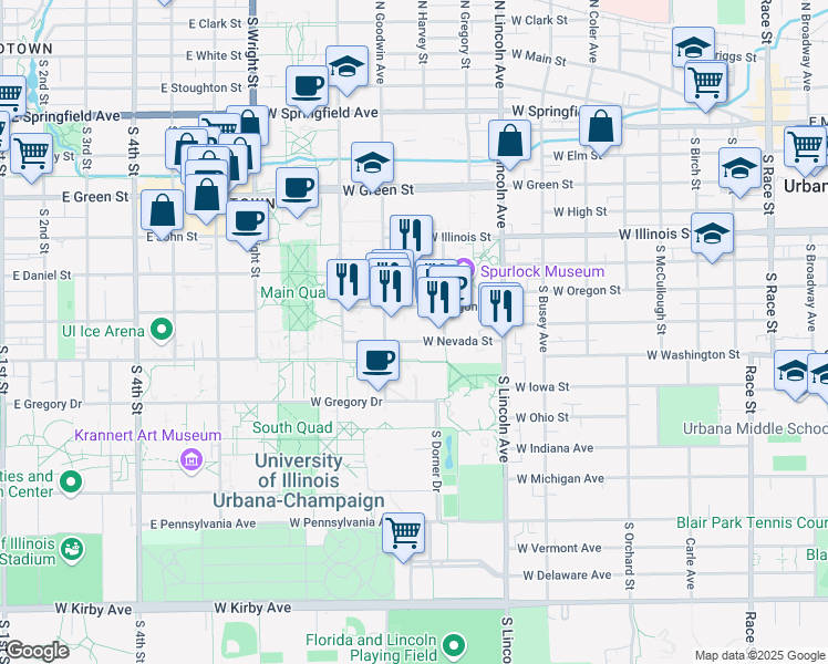 map of restaurants, bars, coffee shops, grocery stores, and more near 1110 West Nevada Street in Urbana