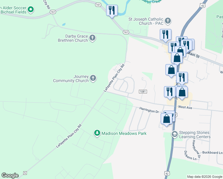 map of restaurants, bars, coffee shops, grocery stores, and more near 8425 Country View Drive in Plain City