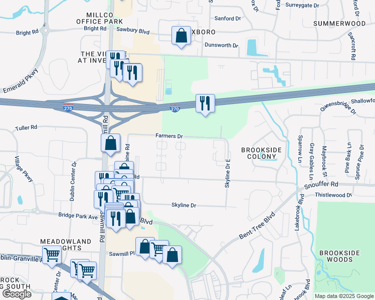 map of restaurants, bars, coffee shops, grocery stores, and more near 3520 Snouffer Road in Columbus