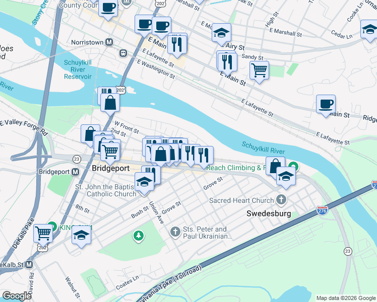 map of restaurants, bars, coffee shops, grocery stores, and more near in Bridgeport