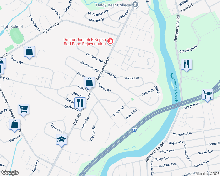map of restaurants, bars, coffee shops, grocery stores, and more near 911 Ashton Road in Bucks County