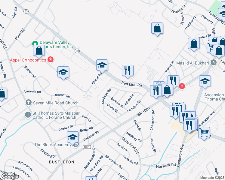 map of restaurants, bars, coffee shops, grocery stores, and more near 9949 Medway Road in Philadelphia