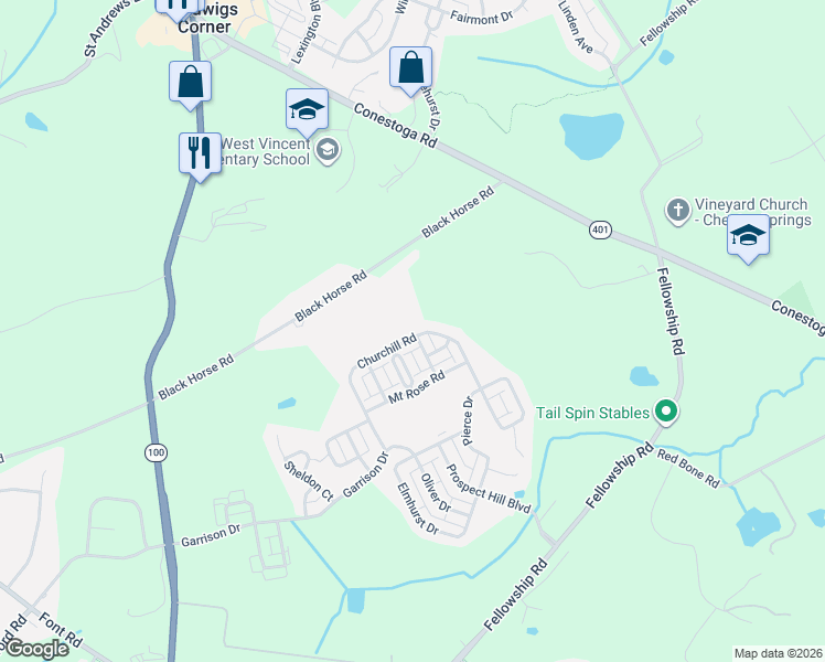 map of restaurants, bars, coffee shops, grocery stores, and more near 636 Churchill Road in Chester Springs