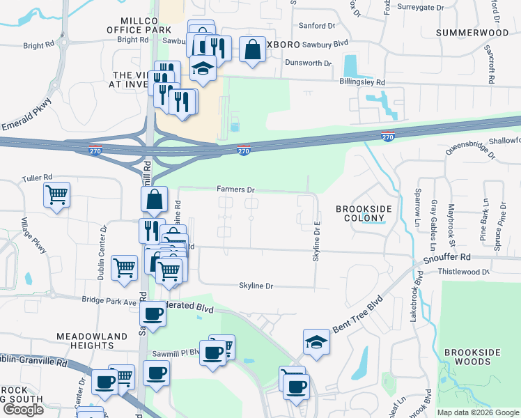 map of restaurants, bars, coffee shops, grocery stores, and more near 7404 Chaparral Road in Columbus