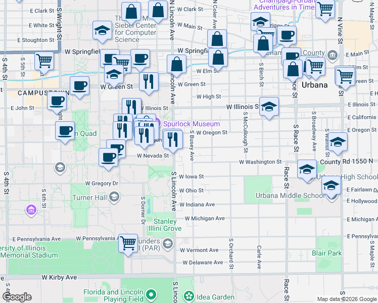 map of restaurants, bars, coffee shops, grocery stores, and more near 801 West Nevada Street in Urbana