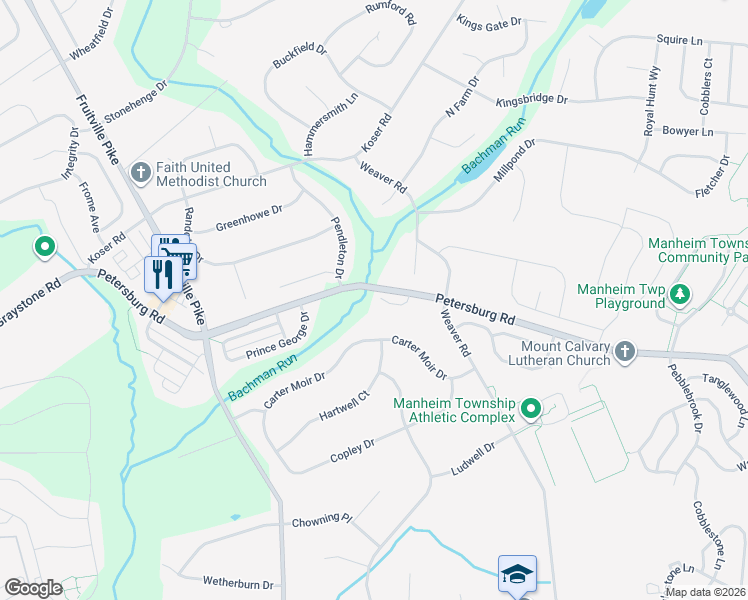 map of restaurants, bars, coffee shops, grocery stores, and more near 451 Petersburg Road in Lancaster