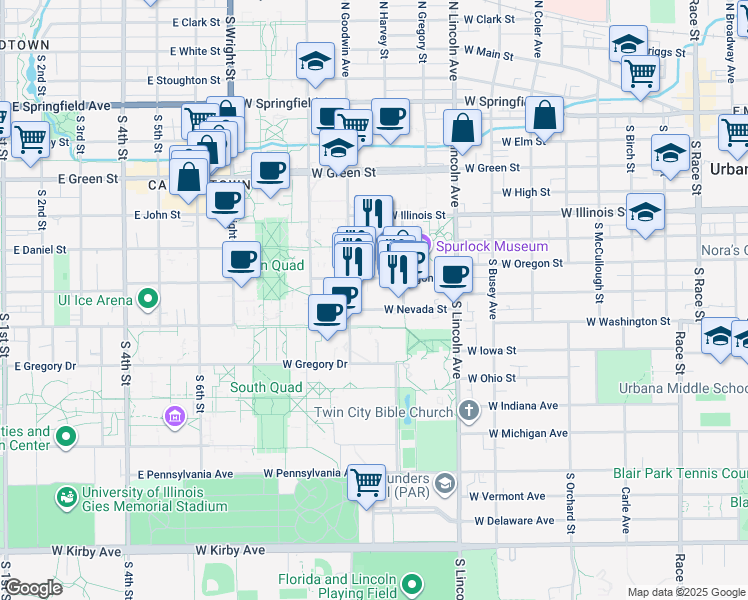 map of restaurants, bars, coffee shops, grocery stores, and more near 1110 West Nevada Street in Urbana