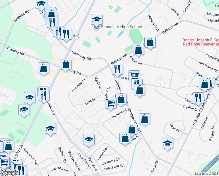 map of restaurants, bars, coffee shops, grocery stores, and more near 1648 Britany Drive in Bensalem