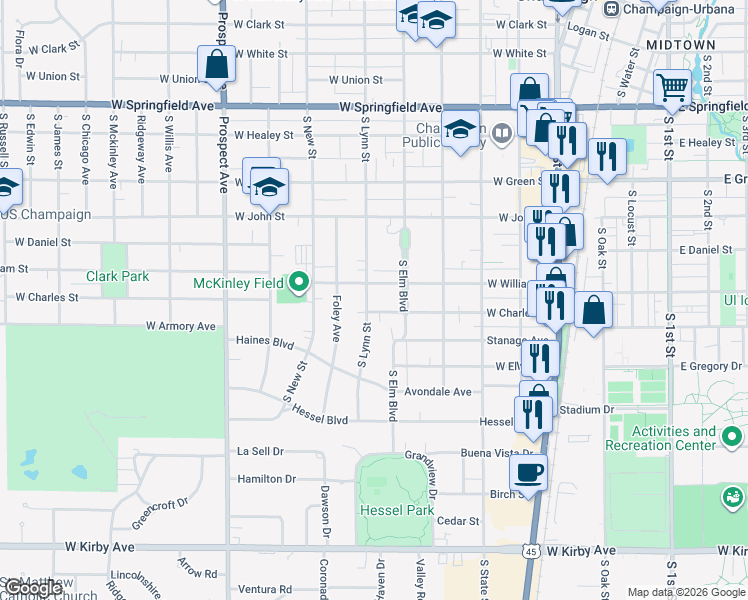 map of restaurants, bars, coffee shops, grocery stores, and more near 508 West William Street in Champaign