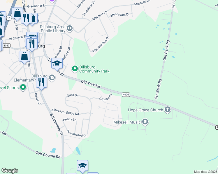map of restaurants, bars, coffee shops, grocery stores, and more near 55 Old York Road in Dillsburg