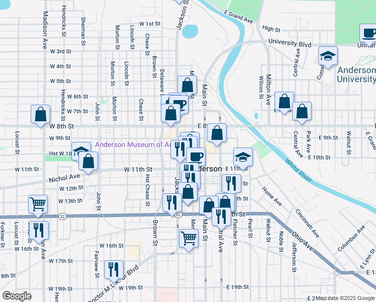 map of restaurants, bars, coffee shops, grocery stores, and more near 931 Meridian Street in Anderson