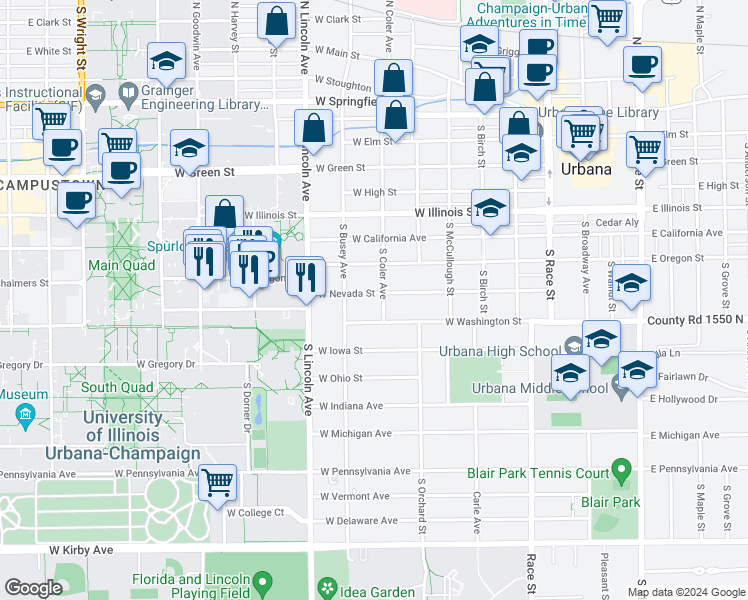 map of restaurants, bars, coffee shops, grocery stores, and more near 703 West Nevada Street in Urbana