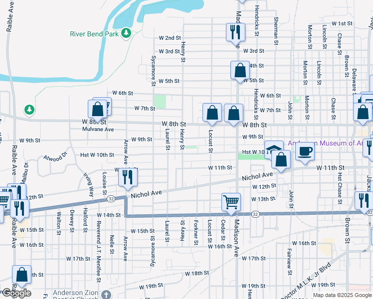 map of restaurants, bars, coffee shops, grocery stores, and more near 1326 Hst W 10th Street in Anderson
