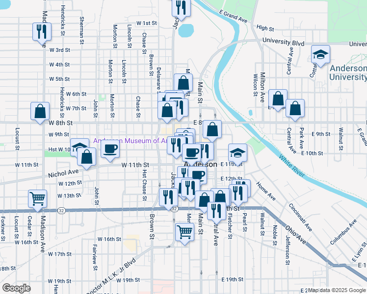 map of restaurants, bars, coffee shops, grocery stores, and more near 931 Meridian Street in Anderson