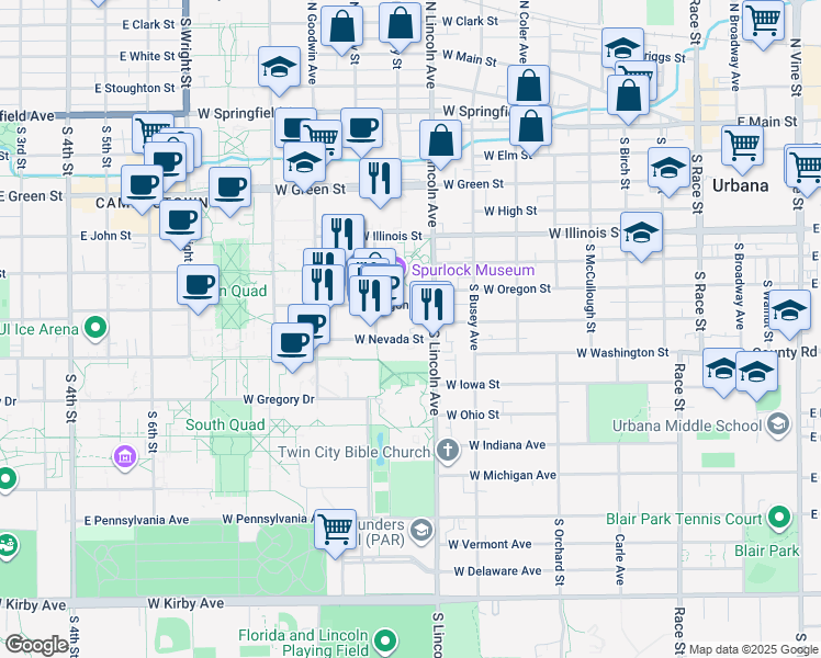 map of restaurants, bars, coffee shops, grocery stores, and more near 908 West Nevada Street in Urbana