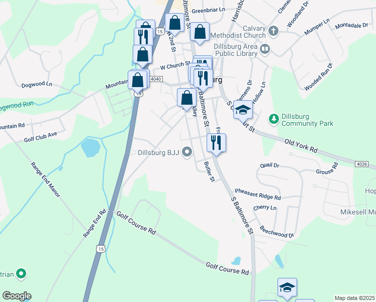 map of restaurants, bars, coffee shops, grocery stores, and more near 214 South 2nd Street in Dillsburg