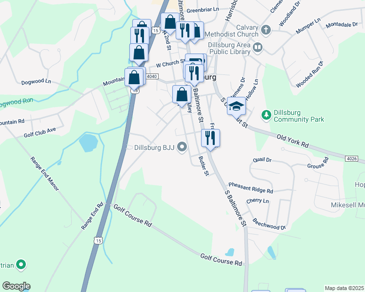 map of restaurants, bars, coffee shops, grocery stores, and more near 214 South 2nd Street in Dillsburg