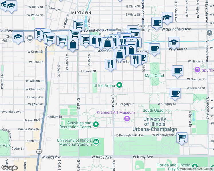 map of restaurants, bars, coffee shops, grocery stores, and more near 309 East Chalmers Street in Champaign