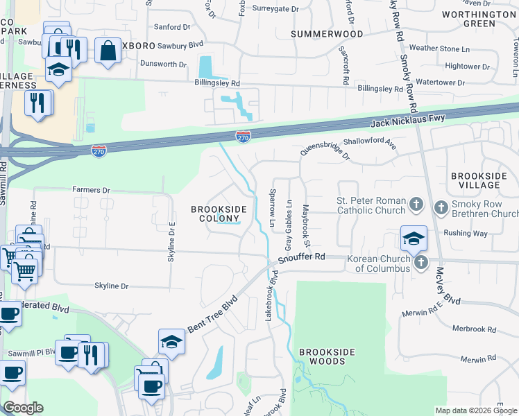 map of restaurants, bars, coffee shops, grocery stores, and more near 6915 Sparrow Lane in Columbus