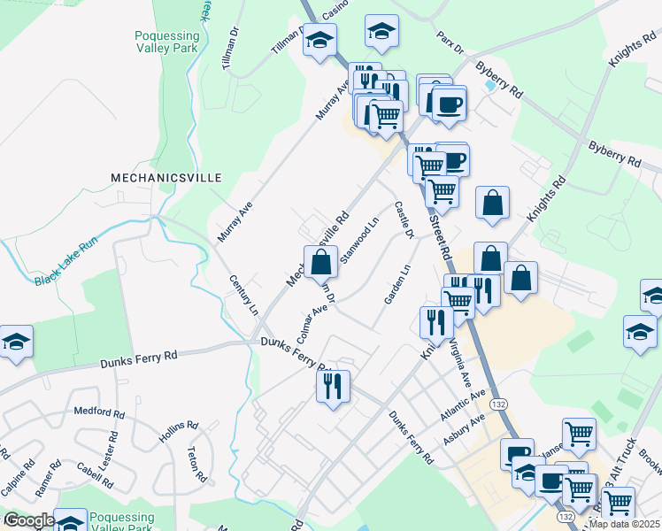 map of restaurants, bars, coffee shops, grocery stores, and more near 2718 Stanwood Lane in Bensalem