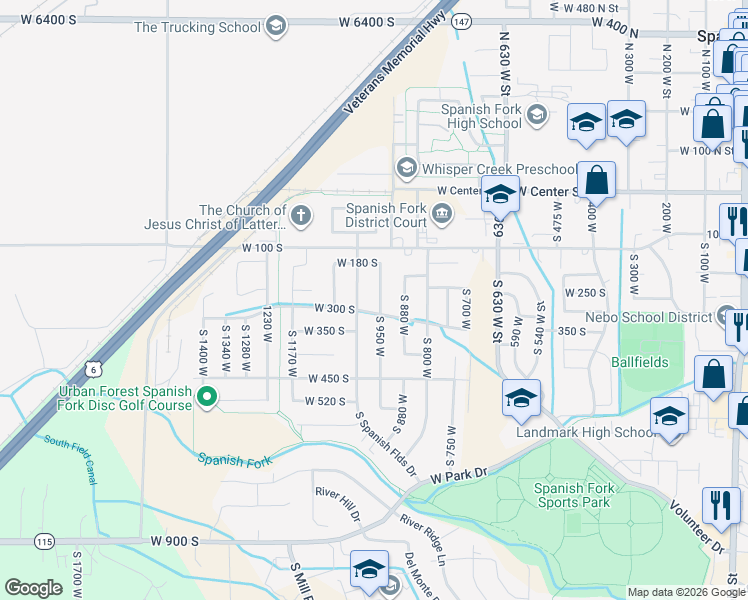 map of restaurants, bars, coffee shops, grocery stores, and more near 214 South 950 West in Spanish Fork