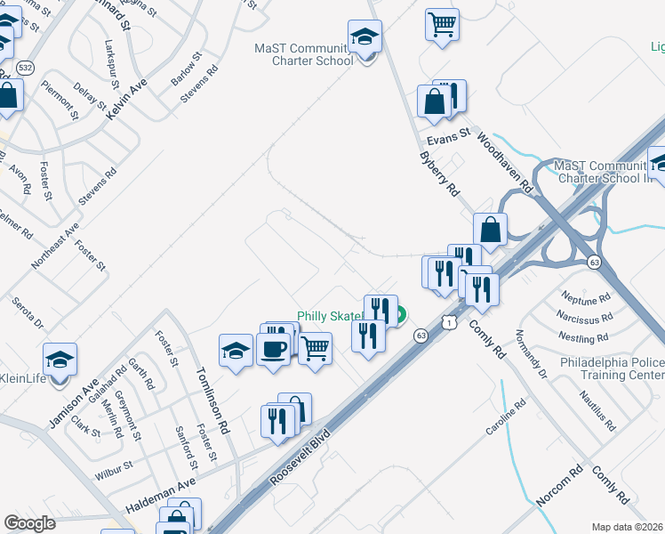 map of restaurants, bars, coffee shops, grocery stores, and more near 2065-2099 Bennett Rd in Philadelphia