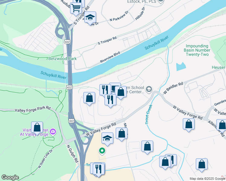 map of restaurants, bars, coffee shops, grocery stores, and more near 4000 West Valley Forge Circle in King of Prussia
