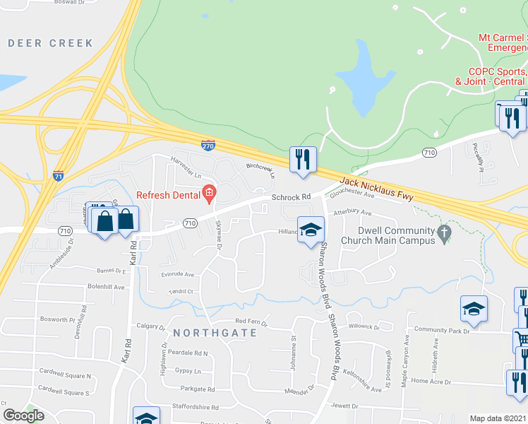 map of restaurants, bars, coffee shops, grocery stores, and more near in Columbus