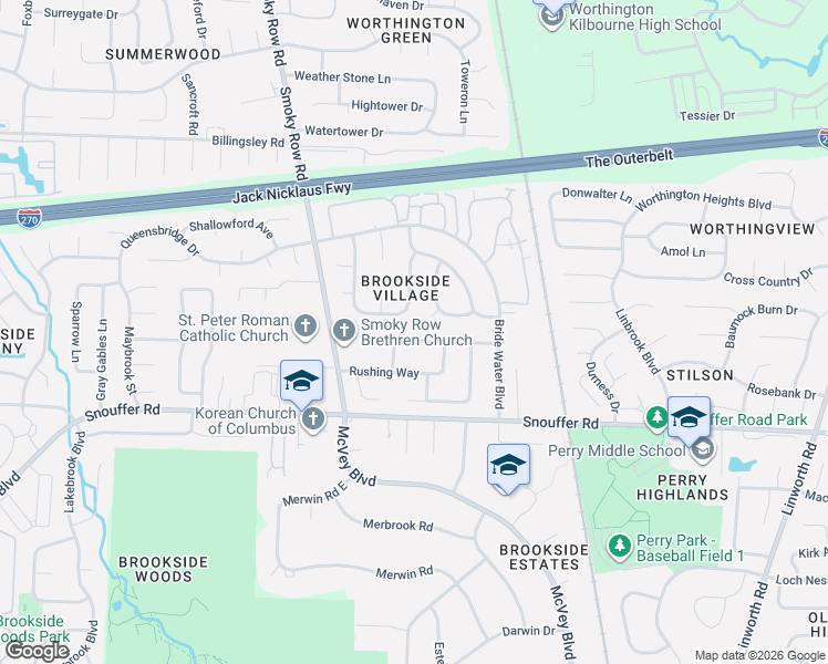 map of restaurants, bars, coffee shops, grocery stores, and more near 7339 Schoolcraft Lane in Columbus