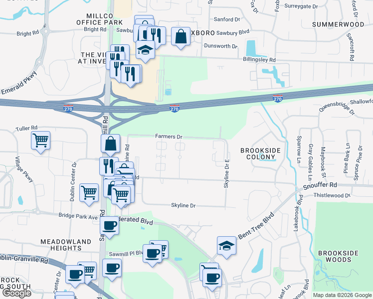 map of restaurants, bars, coffee shops, grocery stores, and more near 7404 Chaparral Road in Columbus