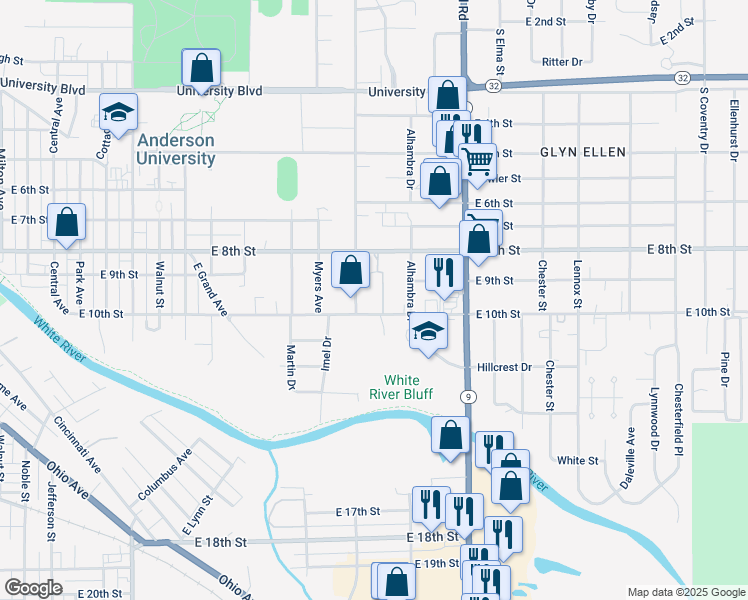 map of restaurants, bars, coffee shops, grocery stores, and more near 1823 East 8th Street in Anderson
