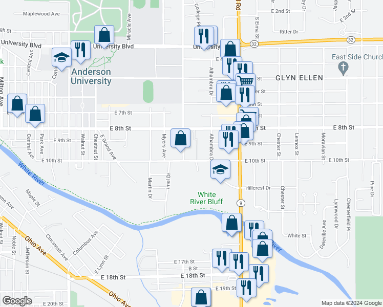 map of restaurants, bars, coffee shops, grocery stores, and more near 814 Nursery Road in Anderson