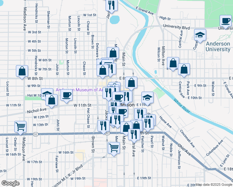 map of restaurants, bars, coffee shops, grocery stores, and more near 920 Meridian Street in Anderson